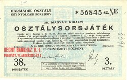 38. Magyar Királyi Osztálysorsjáték Harmadik osztály sorsjegy 1937 hajtatlan