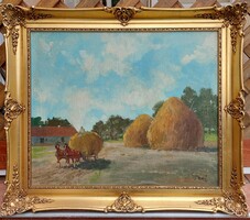 István Biai-föglein (1905-1974): hay wagon with bales - in a new frame!