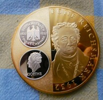 Gilded 5 marka goethe weimar 1832 70mm 107 grams with silver inlay