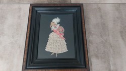 (K) rococo style antique textile collage picture with frame 39x47 cm