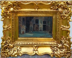 Antik festmény Utcarészlet 1881-ből Ism. festő (lásd szignó) Eredeti Garanciával!