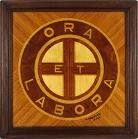 1O181 old company marquetry picture. Palace v. : Ora et labora 29.5 X 29.5 Cm