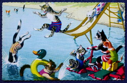 Régi humoros  grafikus  képeslap cicák a strandon