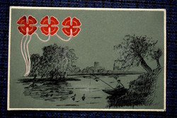 Antik szecessziós dombornyomott kézzel festett pipacs üdvözlő képeslap tus tájkép
