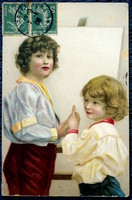 Antik litho képeslap gyerekek iskolatáblánál