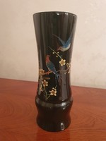 Régi gyöngyház berakásos fekete lakkfa, madár motívummal váza 24 cm