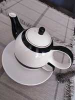 Kerámia teás szett - emeletes / 1 személyes - feketén - fehéren