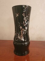 Old mother-of-pearl inlaid black lacquered wood vase 27 cm