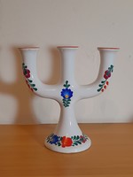Retro kézzel festett három ágú, jelzett Kalocsai porcelán gyertyatartó