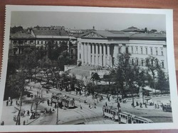 Old postcard, Budapest, national museum, old trams, postman