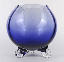 1O198 Antik színezett kék Moser üveg asztalközép kínáló gömb alakú tál cukros tál