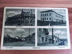 Régi képeslap, Dunakeszi, Községháza, Iskola, Utcarészlet, 1952-ből
