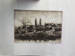 Etching signed by József Palitz from the mud bank, 25 x 40 cm.