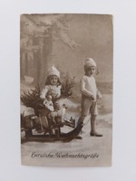 Régi karácsonyi képeslap fotó levelezőlap gyerekek játékok szánkó