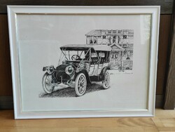 R. Allen retro tusrajz oldtimer automobil portré igényes keretben