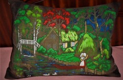 Hand-painted decorative pillow. A very unique piece! Inscribed Spreewald. 46 X 37 cm