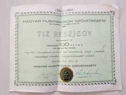Magyar husiparosok szövetkezete Gubacsi út részjegy, részvény, 100 pengő, 1932