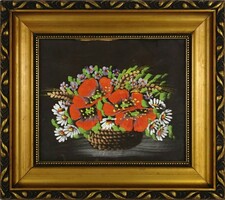 1O137 Keretezett pipacsos selyemkép virágcsendélet 31 x 34.5 cm