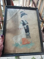 Little boy in folk costume with a goose old picture 36 cm x 26 xm