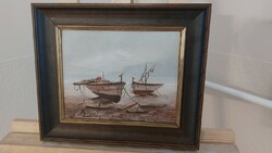 (K) Szignózott tengerpart kis hajókkal festmény 33x28 cm kerettel