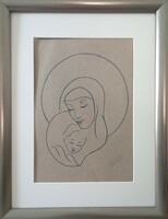 Mária, kis Jézussal. 32x42cm, eredeti krétarajz. Prima díjas művész alkotása. Károlyfi Zsófia/1952