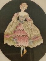 Rokokó hölgy és úr antik selyemmel hímzett vintage stílusú kép párban