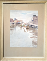 Mark Gibbons: Kikötő, 1973 (akvarell kerettel) hajózás, tengerpart, brit festőművész, angol