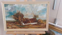 (K) Szignózott kis tanya festmény Nagy Ernő (?) 58x38 cm kerettel