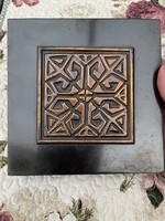 Iparművészeti bronz doboz, kártyatartó, ékszertartó asztali doboz fa béléssel