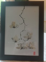 Meseszép japán stílusú tus-akvarell kép keretben