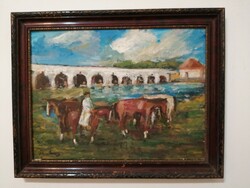 Hortobágy, with colt, horses, oil painting, signature of a famous Hungarian painter?