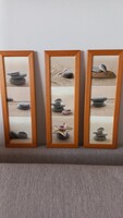 Reproduction wall pictures (3 pieces) prints with wooden frame, zen stones, shells, 38 x 13 cm