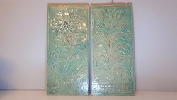 Pair of old marked green Zsolnay ceramic tiles 30.5 X 14 cm