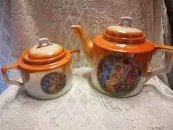 Zsolnay porcelán narancs lüszteres kávés kanna+cukortartó