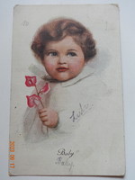 Régi, antik grafikus üdvözlő képeslap - művészrajz - kislány virággal