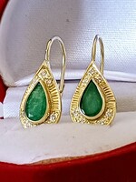 Women's gold earrings (14k) with brill and emerald stones