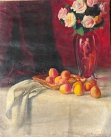 V. Tóth Gyula festmény - Asztali csendélet gyümölcsókkel vázával