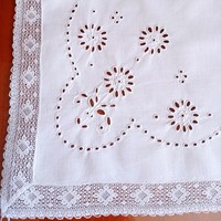 Snow-white commode tablecloth with hole embroidery, 125 x 50 cm