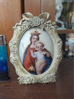 Old early 19th century large hand-painted porcelain saint image, picture. Pendant. 8.5 cm.