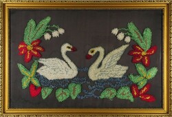 1O304 framed swan pair needlework 41.5 X 61 cm