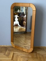 1980 Wide round wall mirror with wooden frame 121 x 70 cm