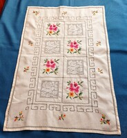 Antique, light beige, hand-embroidered cotton tablecloth, runner, 60 x 39 cm