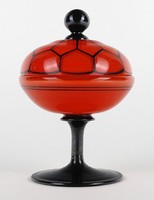 1O246 Antique Blown Wilhelm Kralik - Loetz Tapered Tango Glass Orange-Black Bonbonnière 13 cm