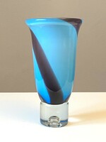 Retro design glass vase decorated with purple stripes, thick-walled blue base, 25.5 Cm