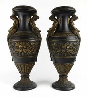 1O173 Bernard Bloch : Antik osztrák faunfejes terrakotta váza pár 41.5 cm