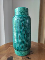 Türkizkék mázas, jelzett retro iparművészeti kerámia váza geometrikus vonalakkal
