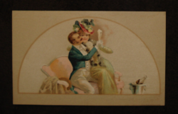 Hegedüs Geiger Richárd litho képeslap antik, szerelmes pár, hátán Saád István gyógyszertára reklám