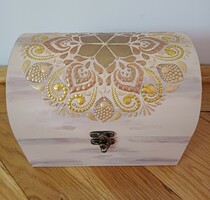 New! Brown beige treasure chest wooden box jewelry box with mandala decoration, hand painted (20x15x14.5cm)