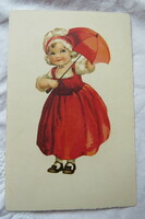Régi grafikus képeslap, pirosruhás gyerek / kislány esernyővel 1930 körüli
