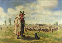 1O335 xx. Century painter: shepherd with his flock